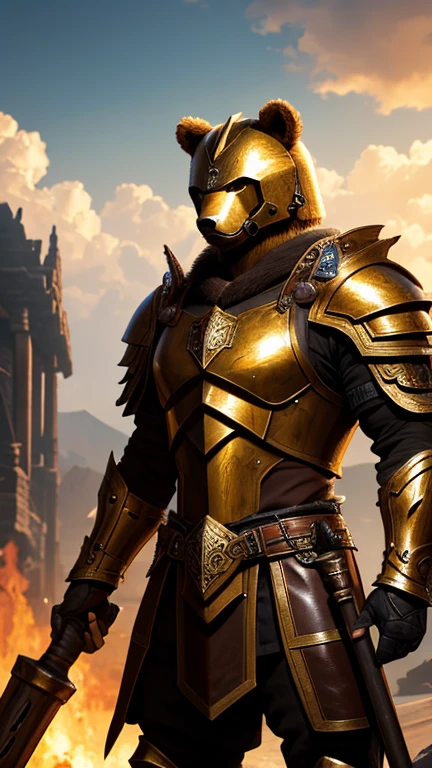 A bear-headed guardian, brown and gold armor, massive hammer, war zone, (best quality:1.2), ultra-detailed, realistic:1.37, HDR, vivid colors, sharp focus, harsh lighting