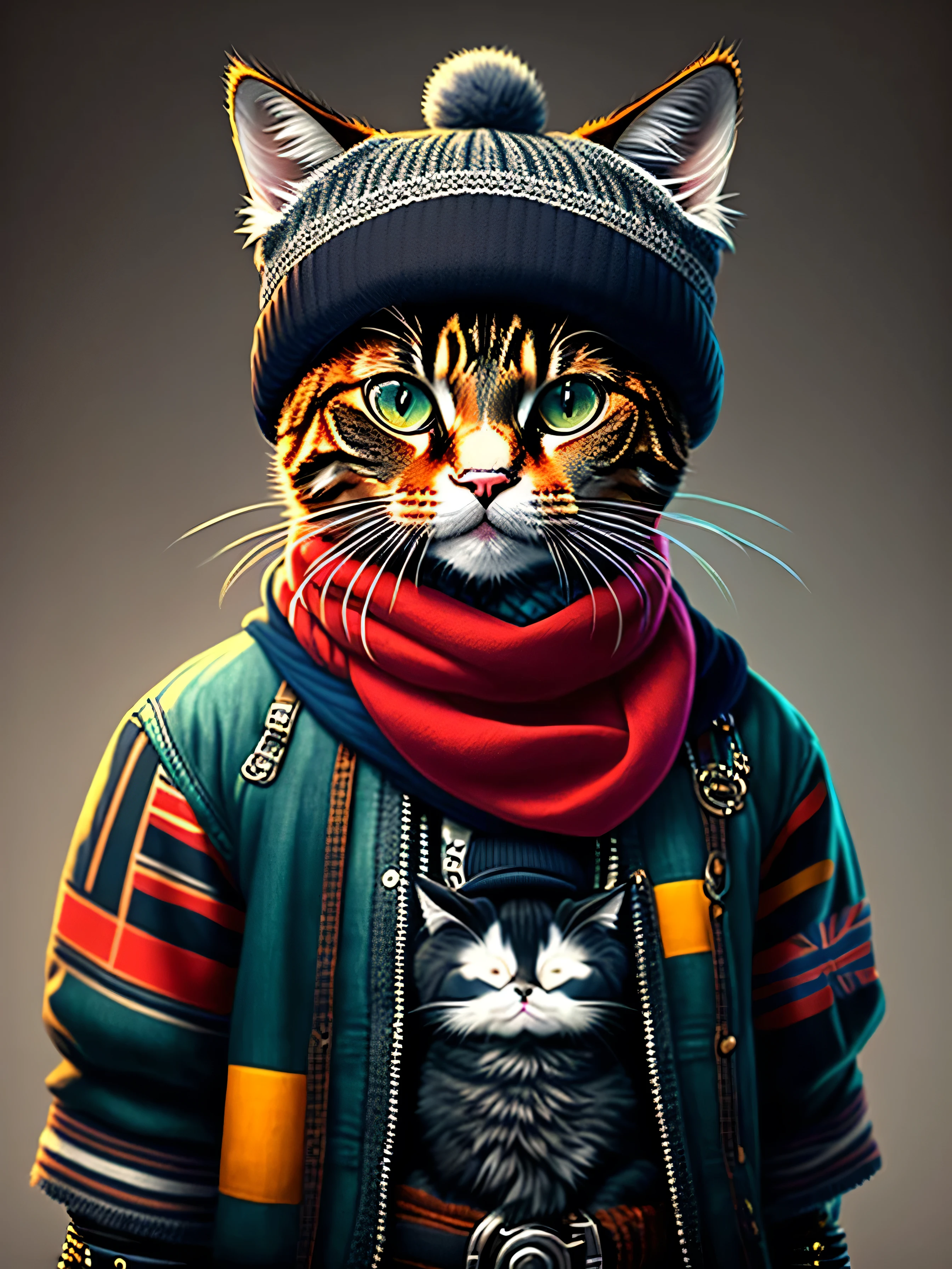 photo of a cat wearing a hat and scarf, trendy Art Station, dressed in punk clothes, hyper realistic detailed rendering, British gang member, urban style, intimidating pose, planet of cats, trendy clothes, urban samurai, meow, West Slavic traits, 8 1 5