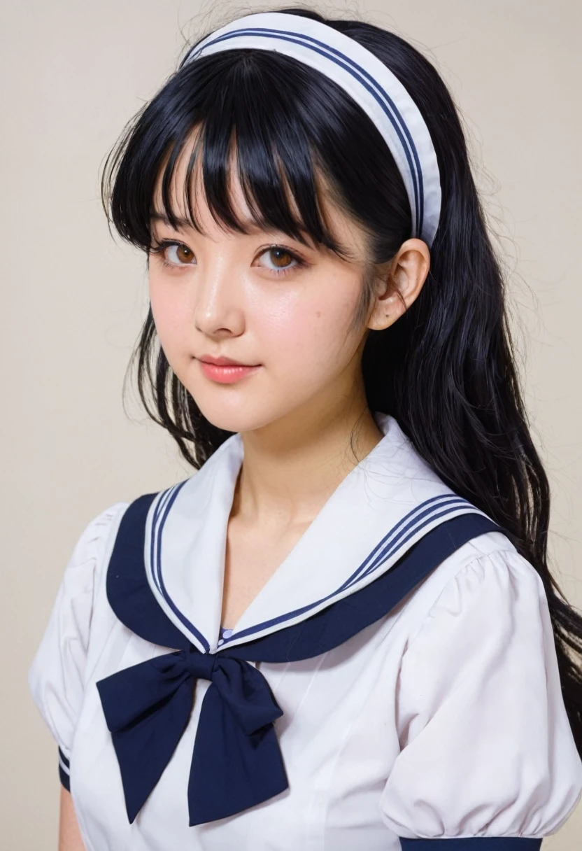 1girl, solo, school_uniform, hairband, mole_under_eye, black_hair, mole, long_hair, serafuku, looking_at_viewer, retro_artstyle, anime_coloring, upper_body, cloud, sailor_collar,