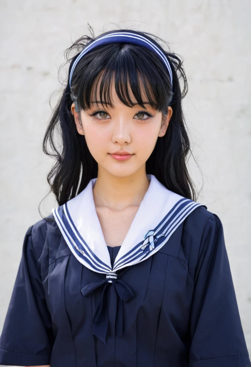 1girl, solo, school_uniform, hairband, mole_under_eye, black_hair, mole, long_hair, serafuku, looking_at_viewer, retro_artstyle, anime_coloring, upper_body, cloud, sailor_collar,