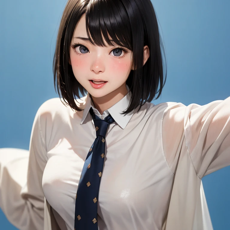 NSFW, (kawaii 24 year-old Japanese girl, Nogizaka idol, Korean idol), (glossy hair, very short hair, bangs:1.3), (beautiful black eyes, rounded face, single eyelid, no makeup:1.4), (embarrassed, noseblush, sex silly, orgasm, half opened mouth:1.5), (semen on the face, bukkake:1.5), (wearing suit jacket, collared shirt, necktie:1.3), (extra small breasts:0.9), BREAK, (simple blue background:1.3), (view from forward, bust shot:1.3), BREAK, (masterpiece, best quality, photo realistic, official art:1.4), (UHD, 8K quality wallpaper, high resolution, raw photo, golden ratio:1.3), (shiny skin), professional lighting, physically based rendering, award winning, (highly detailed skin, extremely detailed face and eyes), Carl Zeiss 85 mm F/1.4, depth of field, 1girl, solo,