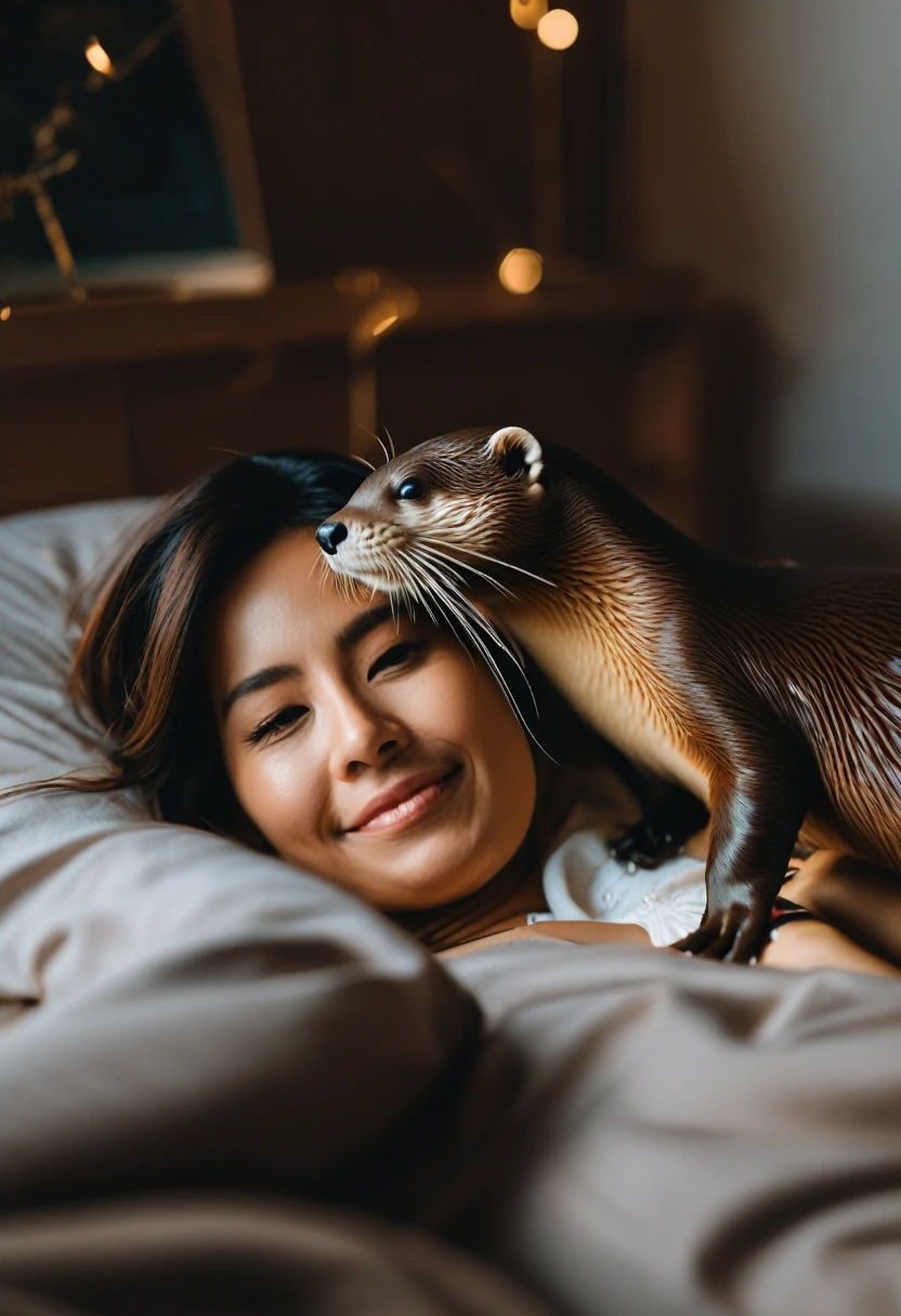 A woman (fast asleep, sheer night gown) rests peacefully while an otter makes itself comfortable and goes to sleep between her breasts. Flower filled bedroom