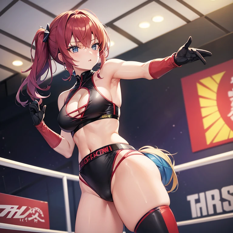 1girl, anime, female wrestler, buxom, cleavage, midriff, hips, view from behind