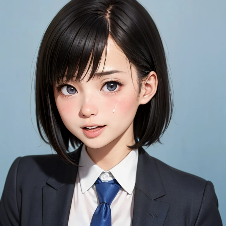 NSFW, (kawaii 24 year-old Japanese girl, Nogizaka idol, Korean idol), (glossy hair, very short hair, bangs:1.3), (beautiful black eyes, rounded face, single eyelid, no makeup:1.4), (embarrassed, noseblush, sex silly, orgasm, half opened mouth:1.5), (semen on the face, bukkake:1.5), (wearing suit jacket, collared shirt, necktie:1.3), (extra small breasts:0.9), BREAK, (simple blue background:1.3), (view from forward, bust shot:1.3), BREAK, (masterpiece, best quality, photo realistic, official art:1.4), (UHD, 8K quality wallpaper, high resolution, raw photo, golden ratio:1.3), (shiny skin), professional lighting, physically based rendering, award winning, (highly detailed skin, extremely detailed face and eyes), Carl Zeiss 85 mm F/1.4, depth of field, 1girl, solo,