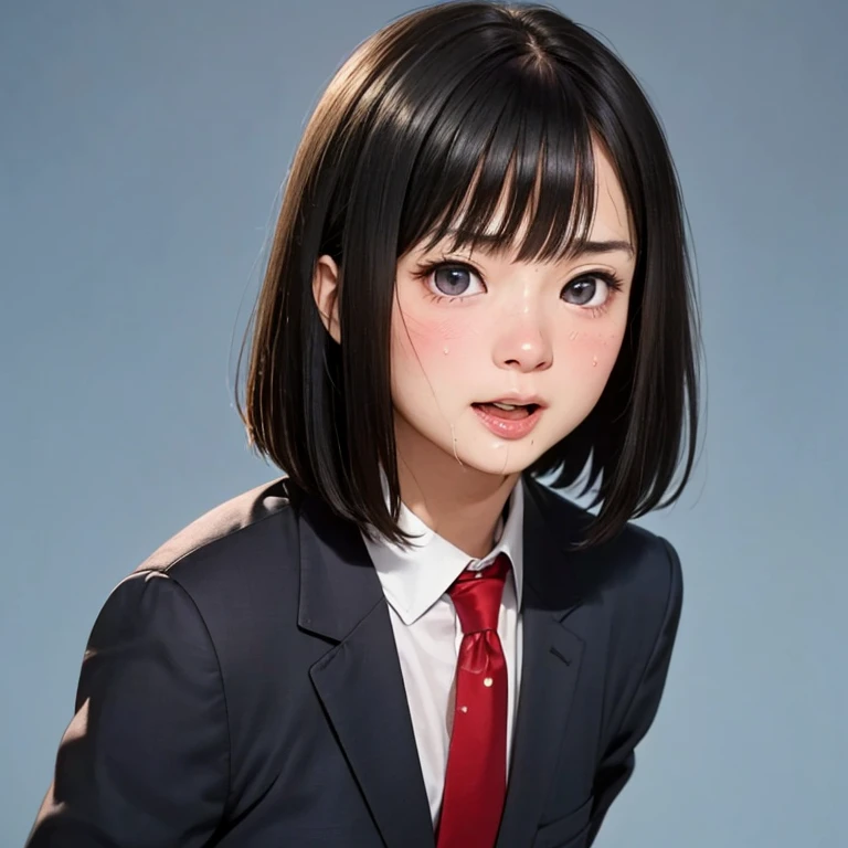 NSFW, (kawaii 24 year-old Japanese girl, Nogizaka idol, Korean idol), (glossy hair, very short hair, bangs:1.3), (beautiful black eyes, rounded face, single eyelid, no makeup:1.4), (embarrassed, noseblush, sex silly, orgasm, half opened mouth:1.5), (semen on the face, bukkake:1.5), (wearing suit jacket, collared shirt, necktie:1.3), (extra small breasts:0.9), BREAK, (simple blue background:1.3), (view from forward, bust shot:1.3), BREAK, (masterpiece, best quality, photo realistic, official art:1.4), (UHD, 8K quality wallpaper, high resolution, raw photo, golden ratio:1.3), (shiny skin), professional lighting, physically based rendering, award winning, (highly detailed skin, extremely detailed face and eyes), Carl Zeiss 85 mm F/1.4, depth of field, 1girl, solo,