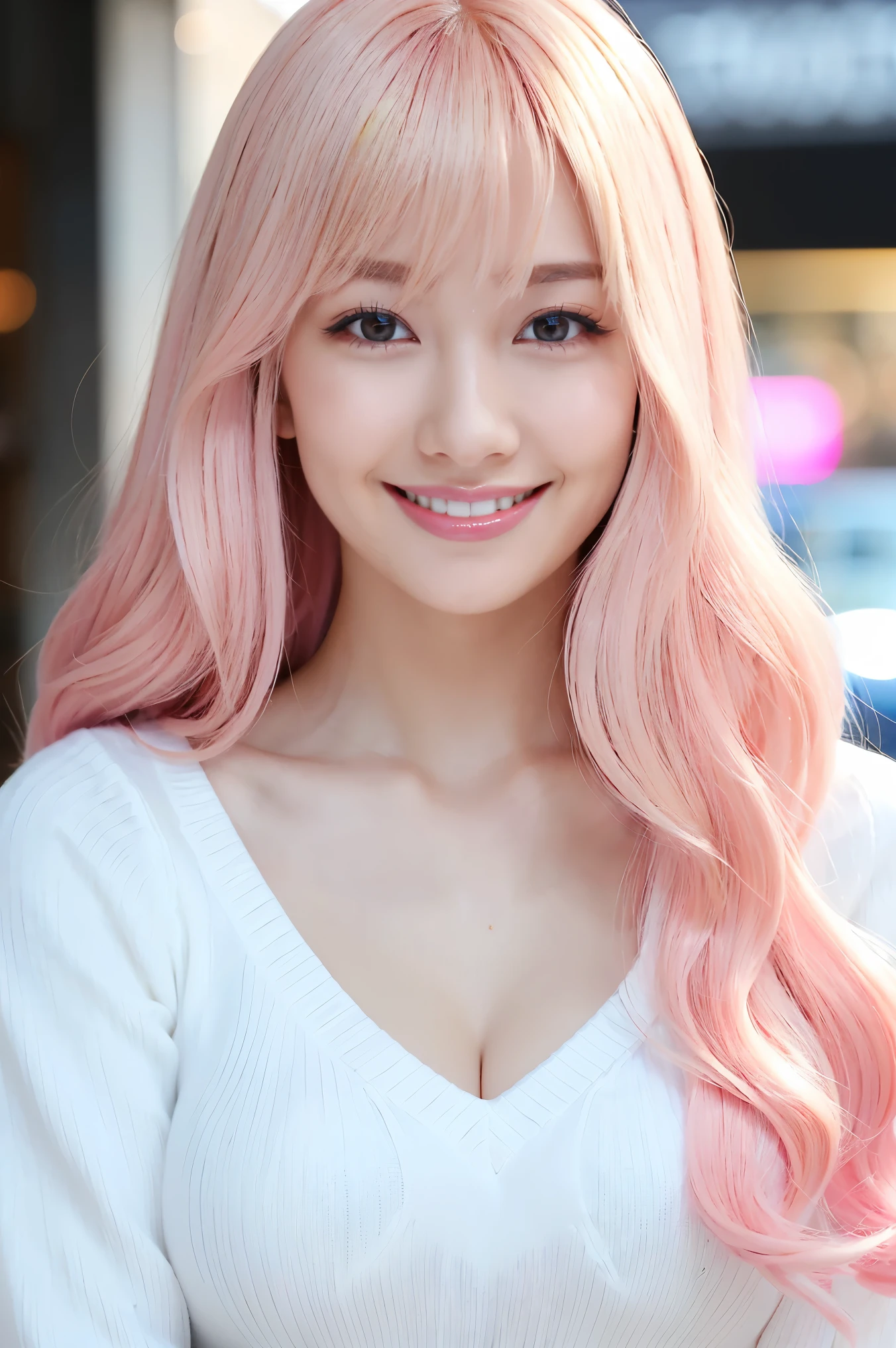 (Tabletop、highest quality、8k、Award-winning works、Ultra-high resolution)、One beautiful woman、(The perfect fluffy white V-neck long sleeve knit:1.3)、(Golden and pink hair:1.2)、(Blonde Hair:1.2)、Bright color contacts、Perfect Makeup、Bright and shiny lipstick、(Very heavy makeup:1.1)、(Pink eyeshadow:1.1)、Large Breasts、(Voluptuous body:1.1)、Heavy makeup around the eyes、(Face close-up:1.2)、Very long wavy hair、The best smile you ever had when you saw me、(Accentuate your body lines:1.1)、(Strongly blurred vibrant Harajuku street background:1.1)、(Strongly blurred background:1.1)、Accurate anatomy、Ultra HD Hair、(Ultra-high resolutionの完璧な美しい歯:1.1)、Ultra-high definition beauty face、Ultra HD Hair、Ultra-high definition sparkling eyes、輝くUltra-high resolutionの美肌、Ultra-high resolutionの艶やかな唇