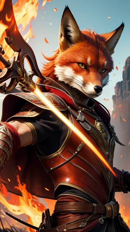 (best quality,4k,8k,highres,masterpiece:1.2), ultra-detailed, realistic:1.37, HDR, sleek red and brown armor, fox-headed archer, aiming a bow, flames in the background, professional, vivid colors, portraits, concept artists, warm color tones, dramatic lighting