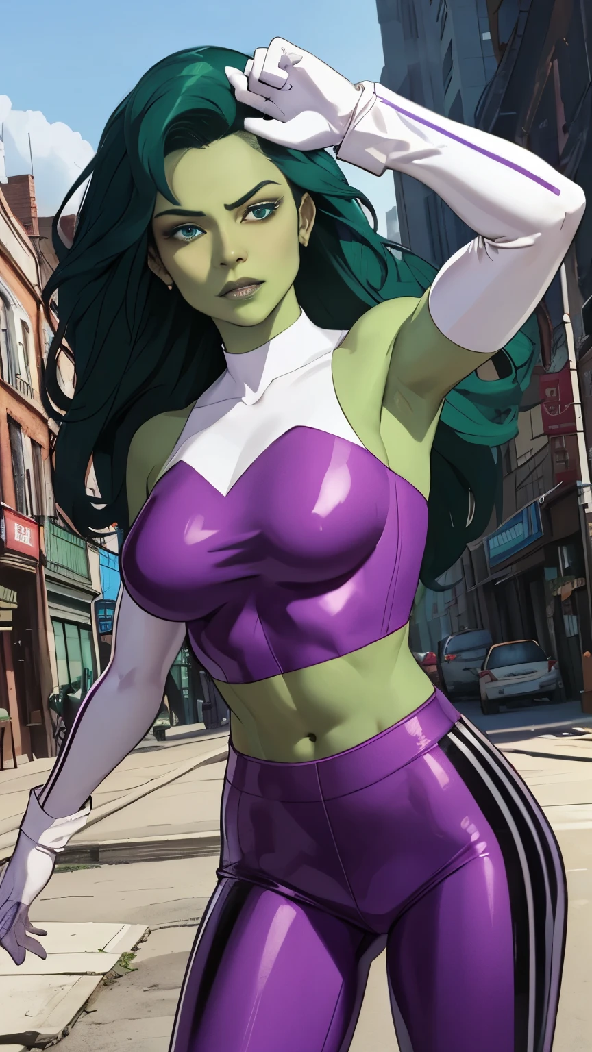 (Highly quality, masterpiece, detailed), Destroyed city detailed scenario, Destroyed detailed background, 20 years old girl, she hulk(marvel), solo, Green skin, Dark Green hair, Colored Skin, Purple/White top, Leather top, Purple/White pants, Leather Pants, Crop top, Purple/White Sleeves, Long Sleeves, Purple/White Gloves, Navel, Angry, beautiful eyes, perfect eyes, looking at the viewer, Sexy pose