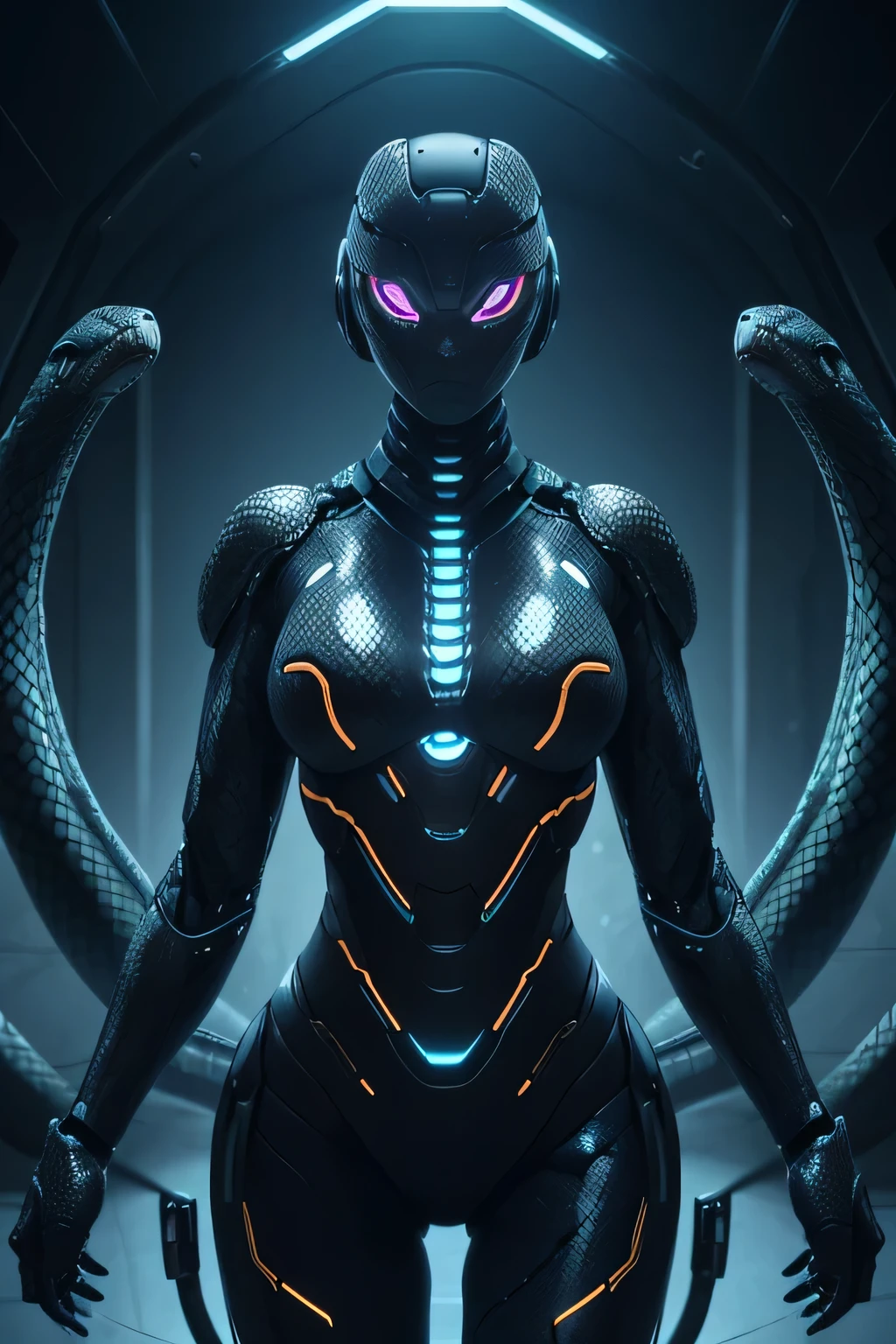 A female robot with a snake-scaled body The wrists are shaped like mechanical snake heads. Mechanical, scaly body The background is a nighttime room., glowing eyes, slit pupils, UHD, retina, masterpiece, ccurate, anatomically correct, textured skin, super detail, high details, high quality, award winning, best quality, highres