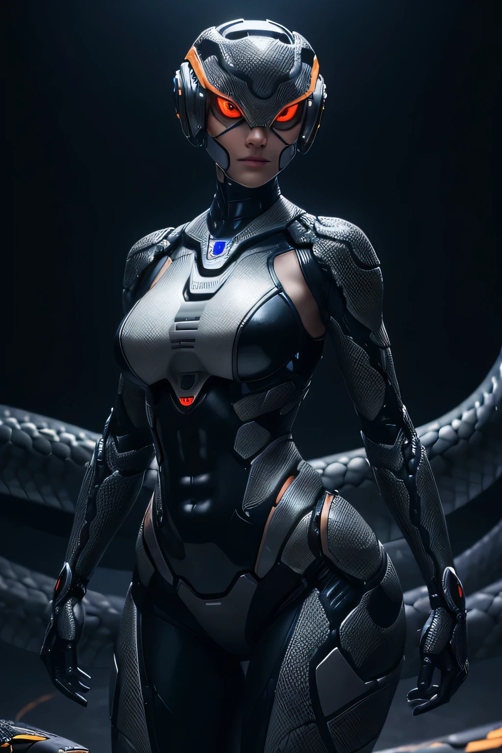 A female robot with a snake-scaled body　The wrists are shaped like mechanical snake heads.　Mechanical, scaly body　The background is a nighttime room., glowing eyes, slit pupils, UHD, retina, masterpiece, ccurate, anatomically correct, textured skin, super detail, high details, high quality, award winning, best quality, highres