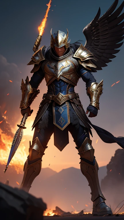 best quality,4k,8k,highres,masterpiece:1.2,ultra-detailed,realistic:1.37,hawk-headed soldier,blue and silver armor,sharp focus,physically-based rendering,extreme detail description,professional,vivid colors,bokeh,war,ancient,golden trident,beaming eyes,wrinkled expression,feathers on the armor,dusty battlefield,dark and fiery sky,creeping smoke,fallen enemies,flames in the background,sweating and muscular body,majestically positioned,triumphant stance