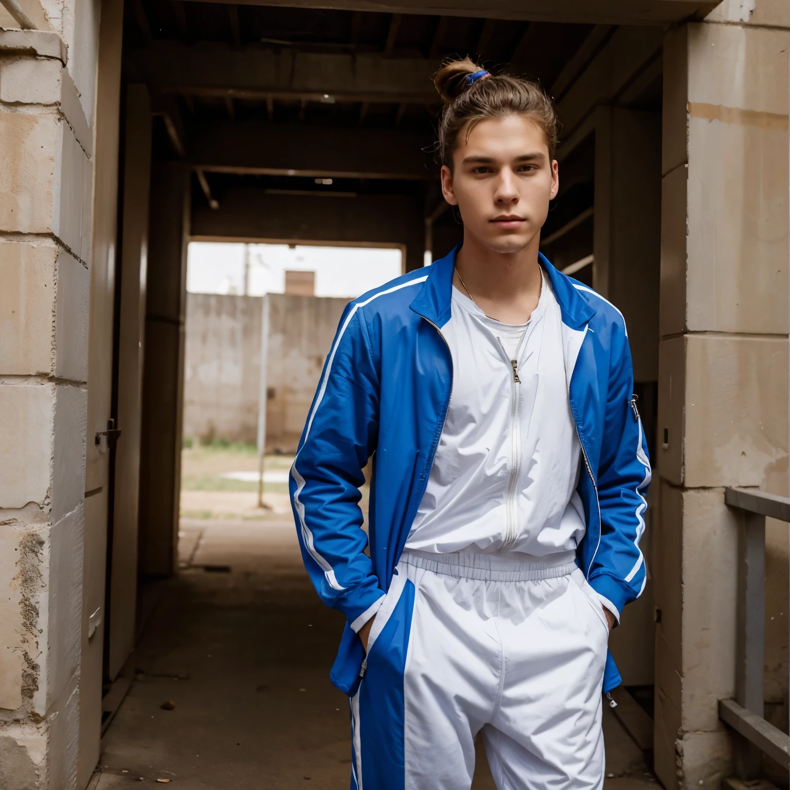 american 20-year-old man with hair bun in jump suit