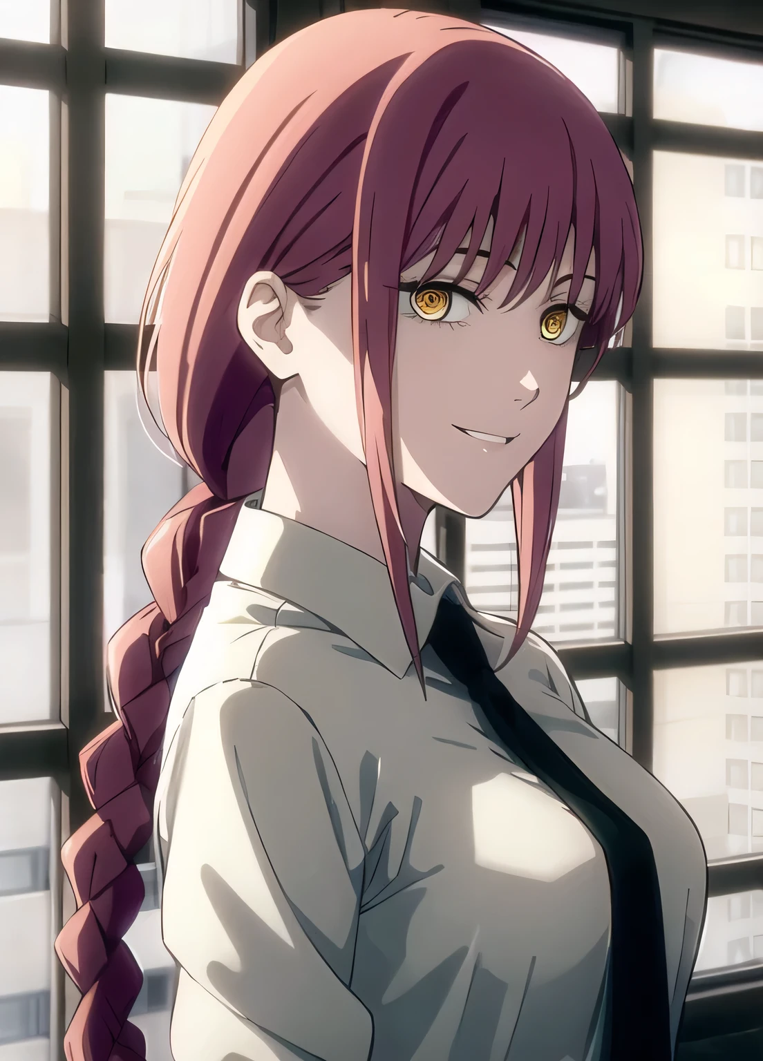 csm anime style, makima \(chainsaw man\), 1girl, solo, necktie, smile, braid, looking at viewer, shirt, black necktie, ringed eyes, collared shirt, braided ponytail, white shirt, red hair, breasts, upper body, medium breasts, bangs, window, formal, yellow eyes, sidelocks, light smile, office lady, medium hair, business suit, suit, ((masterpiece))
