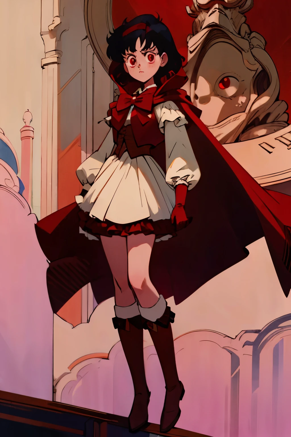Anime girl, short black hair, red eyes, elegant,((best quality)), ((highly detailed)), masterpiece, puffy shirt, big bowtie, vest, brown boots, red hood, red cape, frills, The sleeves are wide at the hem, long sleeve shirt, black gloves. 