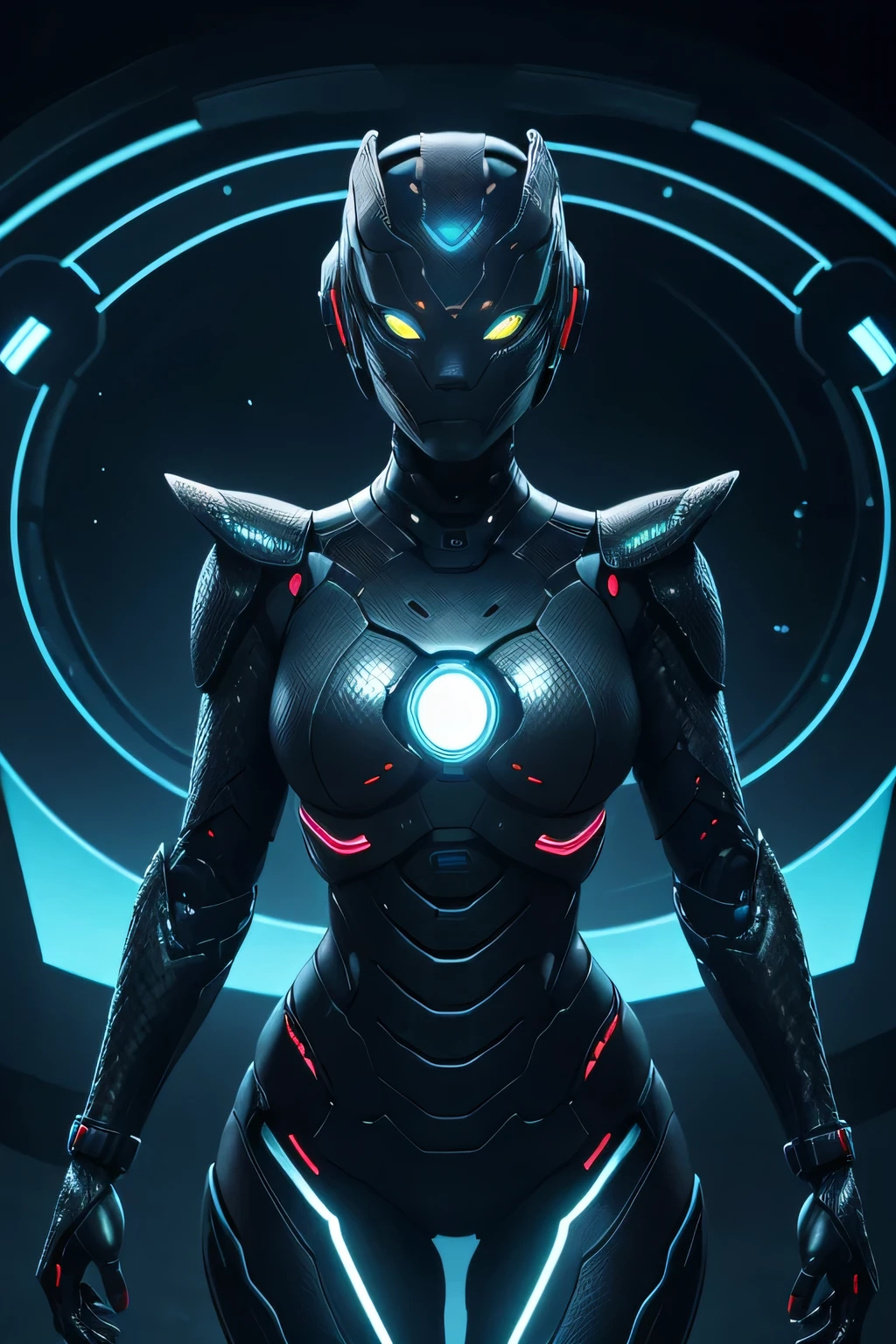 A female robot with a snake-scaled body The wrists are shaped like mechanical snake heads. Mechanical, scaly body The background is a nighttime room., glowing eyes, slit pupils, UHD, retina, masterpiece, ccurate, anatomically correct, textured skin, super detail, high details, high quality, award winning, best quality, highres
