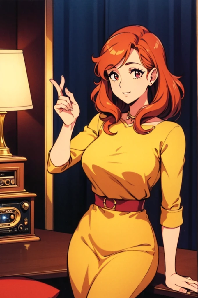 a 1970s woman opening a packaging of a solfège-inspired playing card, surrounded by a music box, vintage radio, and retro artstyle. The woman's outfit reflects the fashion of the 70s, with vibrant colors and patterns. The playing card features intricate designs and musical symbols, symbolizing the solfège system. The music box plays a nostalgic melody, adding to the ambiance of the scene. The vintage radio emits soft tunes, reminiscent of the 70s era. The overall artstyle of the image is inspired by the vibrant and psychedelic art styles popular in the 70s, with bold colors, abstract patterns, and intricate details. The color palette includes warm and earthy tones, with pops of vibrant colors. The lighting showcases a warm glow, highlighting the details of the playing card and the woman's expression. The image should have high image quality, with fine details visible even at a close-up. The scene captures the essence of the 70s, evoking nostalgia and a sense of joy.
