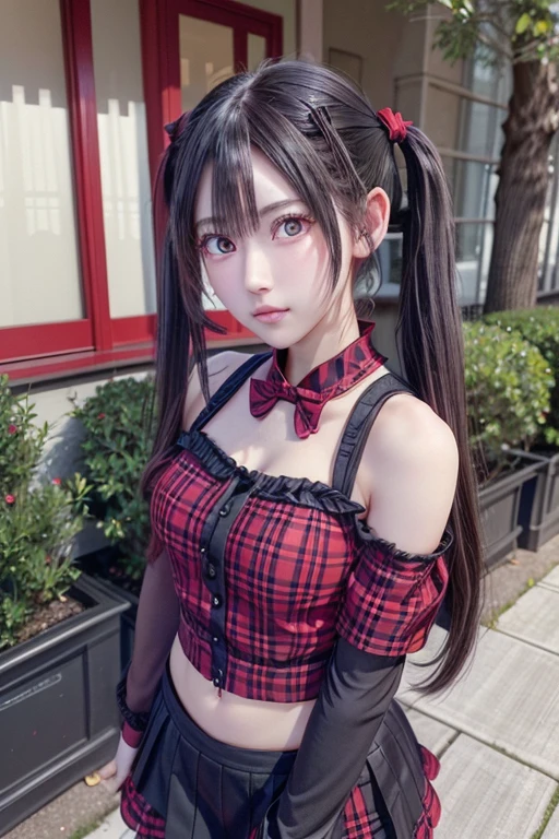 black pigtails, twin tails, trending on cgstation, twin tails hairstyle, beautiful gemini, , Trending on cgstation, wlop and sakimichan, Gwaites style artwork、(((red eyes)))、red check skirt、red blouse、