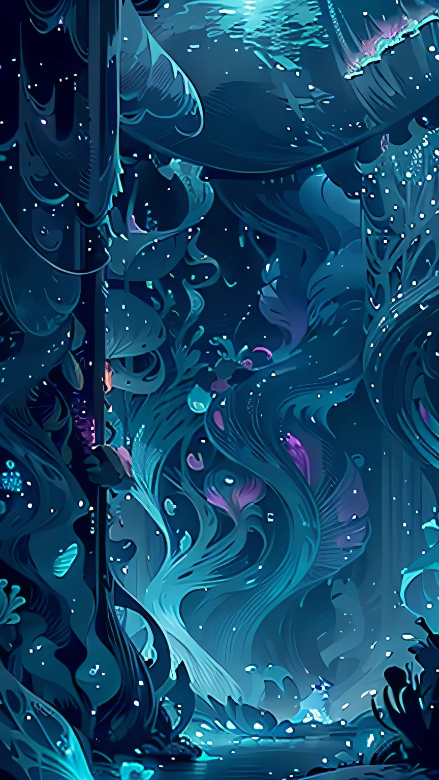 A psychedelic mermaid colony hidden in a bioluminescent space, where merfolk with iridescent tails perform mesmerizing dances amidst shimmering curtains of seaweed. neon fluor, giant mashrooms, a big blue whale flying in the sky, night sky. landscape.