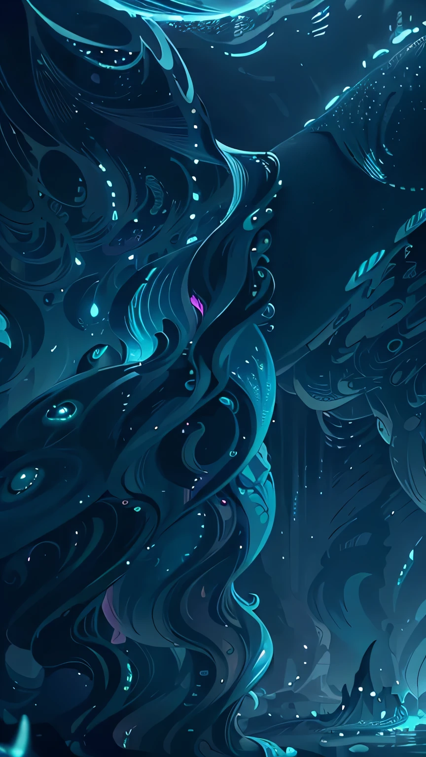 A psychedelic mermaid colony hidden in a bioluminescent space, where merfolk with iridescent tails perform mesmerizing dances amidst shimmering curtains of seaweed. neon fluor, giant mashrooms, a big blue whale flying in the sky, night sky. landscape. 