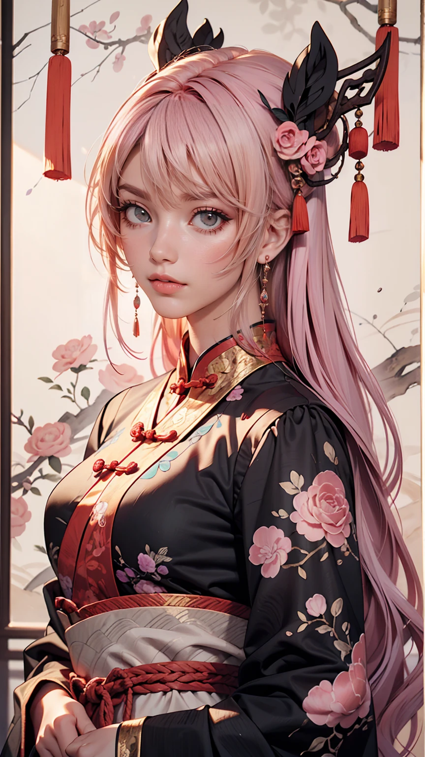 girl, Pink Hair ,Purple eyes, Traditional Chinese Ink Painting
