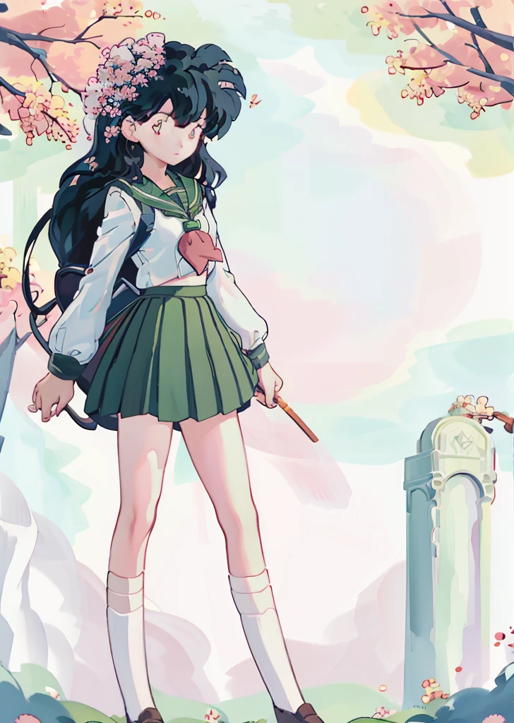 1girl, bird, long hair, outdoors, solo, blue eyes, pink flower, flower, black footwear, day, petals, bag, stairs, long sleeves, white socks, shoes, sky, bangs, cherry blossoms, sailor collar, hair flower, blue sky, standing, bow, tree, 1girl, cute, stars, clouds, (golden fishes, Pisces), masterpiece, best quality, masterpiece, best quality, cute, under tall trees, trees, streams of light, kagome, green skirt, school girl sailor uniform, black hair