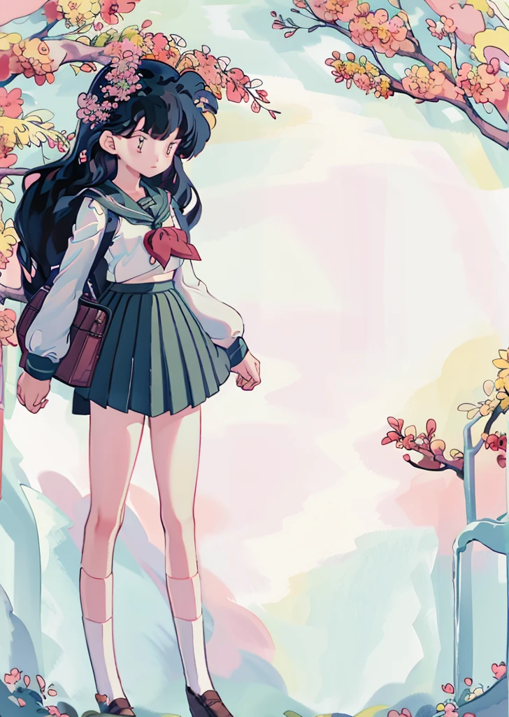 1girl, bird, long hair, outdoors, solo, blue eyes, pink flower, flower, black footwear, day, petals, bag, stairs, long sleeves, white socks, shoes, sky, bangs, cherry blossoms, sailor collar, hair flower, blue sky, standing, bow, tree, 1girl, cute, stars, clouds, (golden fishes, Pisces), masterpiece, best quality, masterpiece, best quality, cute, under tall trees, trees, streams of light, kagome, green skirt, school girl sailor uniform, black hair