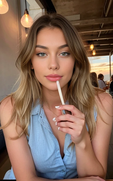 belle blonde portant un pull rose (sipping coffee in a modern cafe at sunset), Very detailed, 21 ans, visage innocent, natural wavy hair, yeux bleus, High resolution, chef-d'artwork, best quality, intricate details, Very detailed, sharpness, detailed skin, Realistic skin texture, texture, Detailed eyes, professionnel, 4k, sourire charmant, shot with Canon, 85mm, faible profondeur de champ, Couleur de vision Kodak, corps parfaitement ajusté, extremely detailed, Photo_\(ultra\), photoRealistic, Realistic, Post-traitement, Maximum details, roughness, vrai vie, ultra Realistic, photorealism, la photographie, 8k euh, la photographie