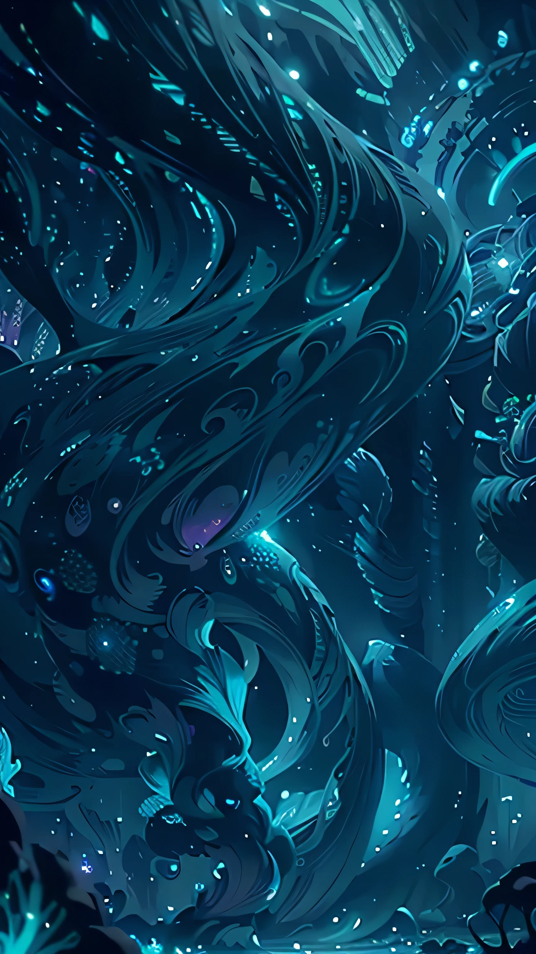 A psychedelic mermaid colony hidden in a bioluminescent space, where merfolk with iridescent tails perform mesmerizing dances amidst shimmering curtains of seaweed. neon fluor, giant mashrooms, a big blue whale flying in the sky, night sky. landscape.
