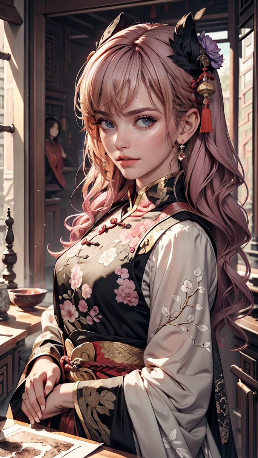 girl, Pink Hair ,Purple eyes, Traditional Chinese Ink Painting