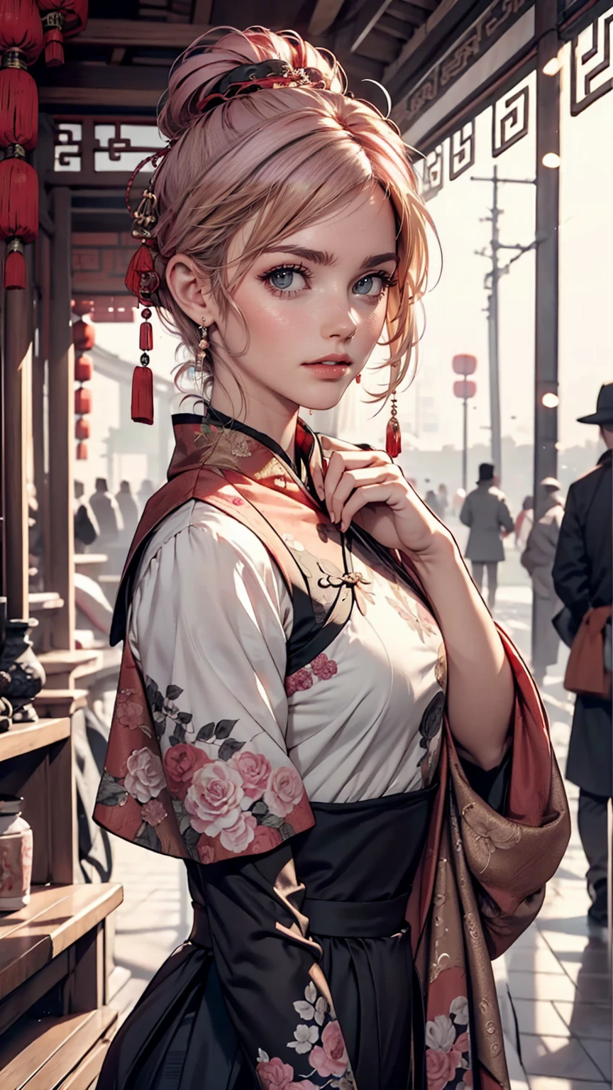 girl, Pink Hair ,Purple eyes, Traditional Chinese Ink Painting