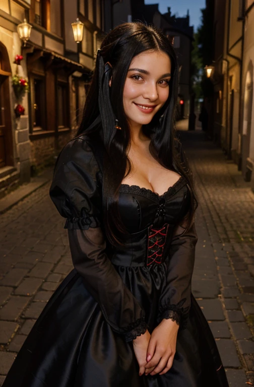 Eine geschmeidige, beautiful gothic woman with long black hair (Pony-Haarschnitt), Messingaugen, Sweet smile, wears a dark red elegant dress, leerer, candlelit medieval street background