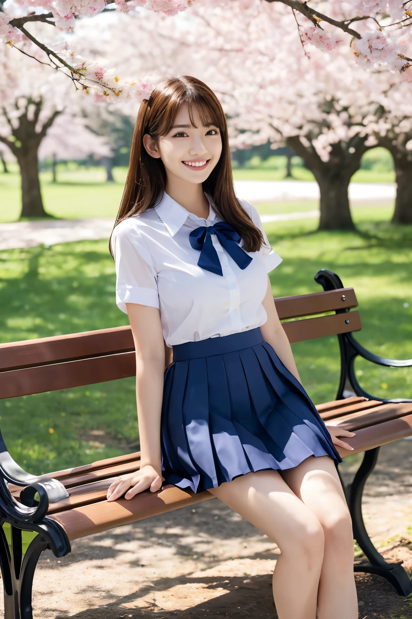 (highest quality、Tabletop、8k、Best image quality、Award-winning works)、One high school girl、16 years old、(alone:1.1)、Perfect beautiful composition、(Large Breasts:1.2)、(Accentuate your body lines:1.1)、(Voluptuous body:1.1)、(Perfect and accurate polyester shirt:1.1)、(Navy Pleated Skirt:1.1)、(Uniform ribbon on chest:1.1)、(sitting on a park bench:1.1)、(Thick legs:1.2)、(One of the most natural and perfect benches:1.2)、(The most accurate bench, Perfectly crafted:1.1)、(The biggest smile is looking at me:1.1)、(Smiling with perfect beautiful teeth:1.1)、(Beautiful park background with strong blur:1.1)、The most natural and perfect beauty park、A perfectly maintained park、Standing Elegantly、Natural Makeup、(美しいThick legs:1.2)、Ultra-high definition beauty face、Ultra HD Hair、Ultra HD Shining Eyes、(Ultra-high resolution glossy skin:1.1)、Super high quality glossy lip、(Accurate anatomy:1.1)、(very bright and vivid:1.1)、Cherry tree in the distance