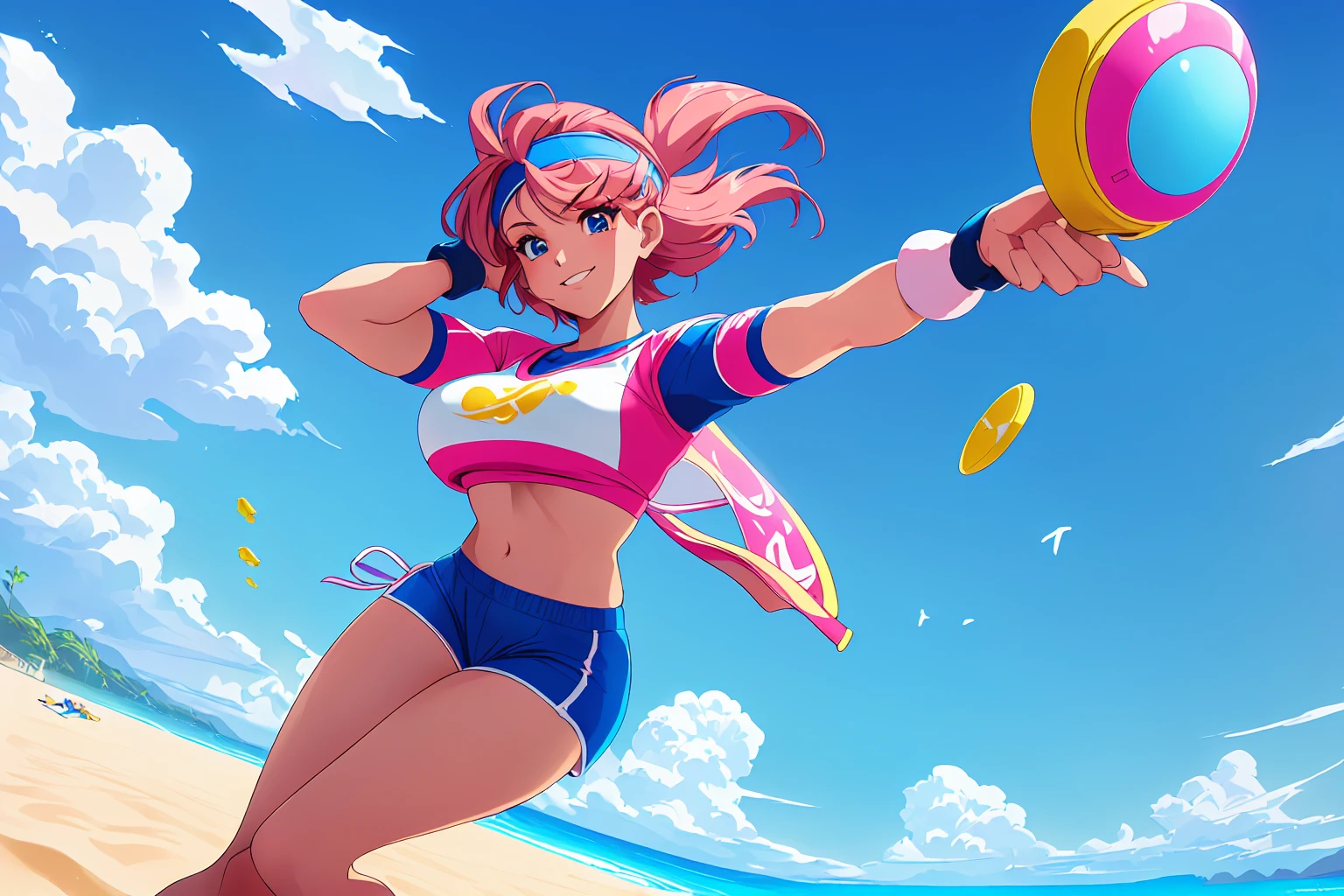 (perfect composition),imagined a girl in extreme sport outfit playing to a flying disc game in a beach arena game sport, masterpiece, ultra-detailed, 80's anime (style), 2D, megapixel, perfectionism, full HD , 4K, (windjammers), windjammers sport game, windjammers 2 (((((solo mature anime woman,)))))++++++++++++++++++, looking at viewer, full body, brown hair and pink hair, short hair, weird hair, smile, lips, eyelashes, medium breasts, gym uniform, uniform, gym shorts, headband, sports bra, elbow pad, knee pad, extreme sports outfit 80's theme, beach background, playing flying disc game on a beach court game, sea, sun in the sky, sports wear