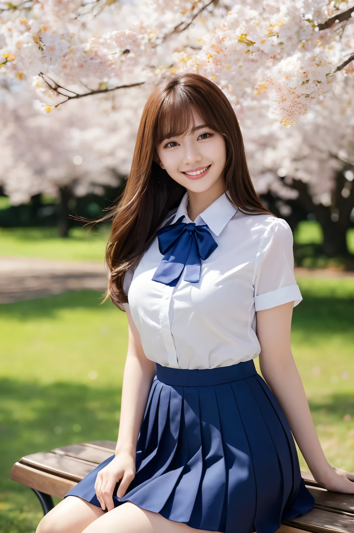 (highest quality、Tabletop、8k、Best image quality、Award-winning works)、One high school girl、16 years old、(alone:1.1)、Perfect beautiful composition、(Large Breasts:1.2)、(Accentuate your body lines:1.1)、(Voluptuous body:1.1)、(Perfect and accurate polyester shirt:1.1)、(Navy Pleated Skirt:1.1)、(Uniform ribbon on chest:1.1)、(sitting on a park bench:1.1)、(Thick legs:1.2)、(One of the most natural and perfect benches:1.2)、(The most accurate bench, Perfectly crafted:1.1)、(The biggest smile is looking at me:1.1)、(Smiling with perfect beautiful teeth:1.1)、(Beautiful park background with strong blur:1.1)、The most natural and perfect beauty park、A perfectly maintained park、Standing Elegantly、Natural Makeup、(美しいThick legs:1.2)、Ultra-high definition beauty face、Ultra HD Hair、Ultra HD Shining Eyes、(Ultra-high resolution glossy skin:1.1)、Super high quality glossy lip、(Accurate anatomy:1.1)、(very bright and vivid:1.1)、Cherry tree in the distance