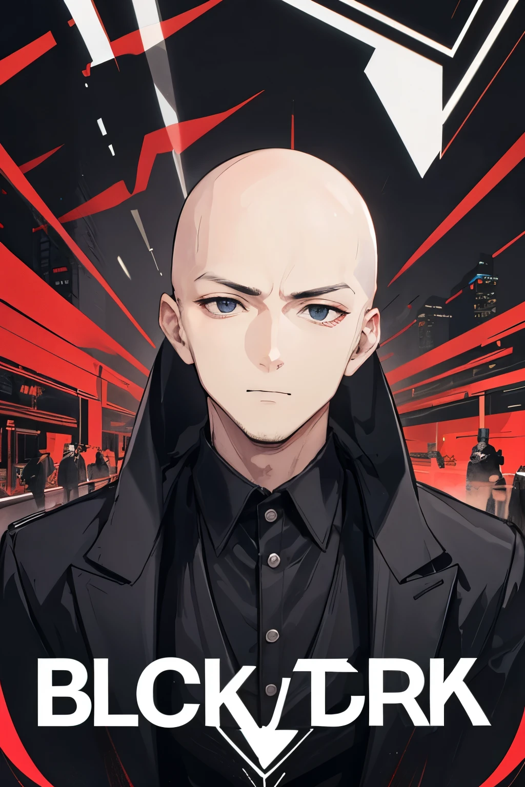 1 person, man,  wearing a black suit, Handsome face, In the black eye, The background is the future city., There is a logo on the back of the suit. , Turn sideways , bald , Half a body., Wear a black cap,