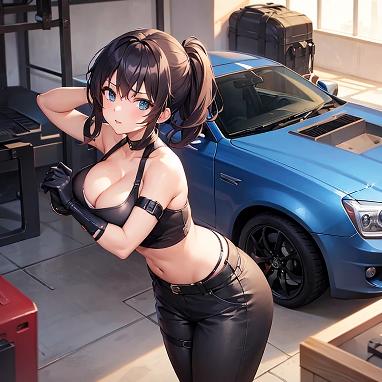 1girl, anime, female mechanic, sexy, seductive, buxom, cleavage, midriff, hips, view from behind