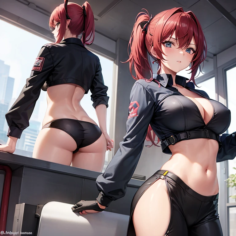 1girl, anime, female mechanic, sexy, seductive, buxom, cleavage, midriff, hips, view from behind