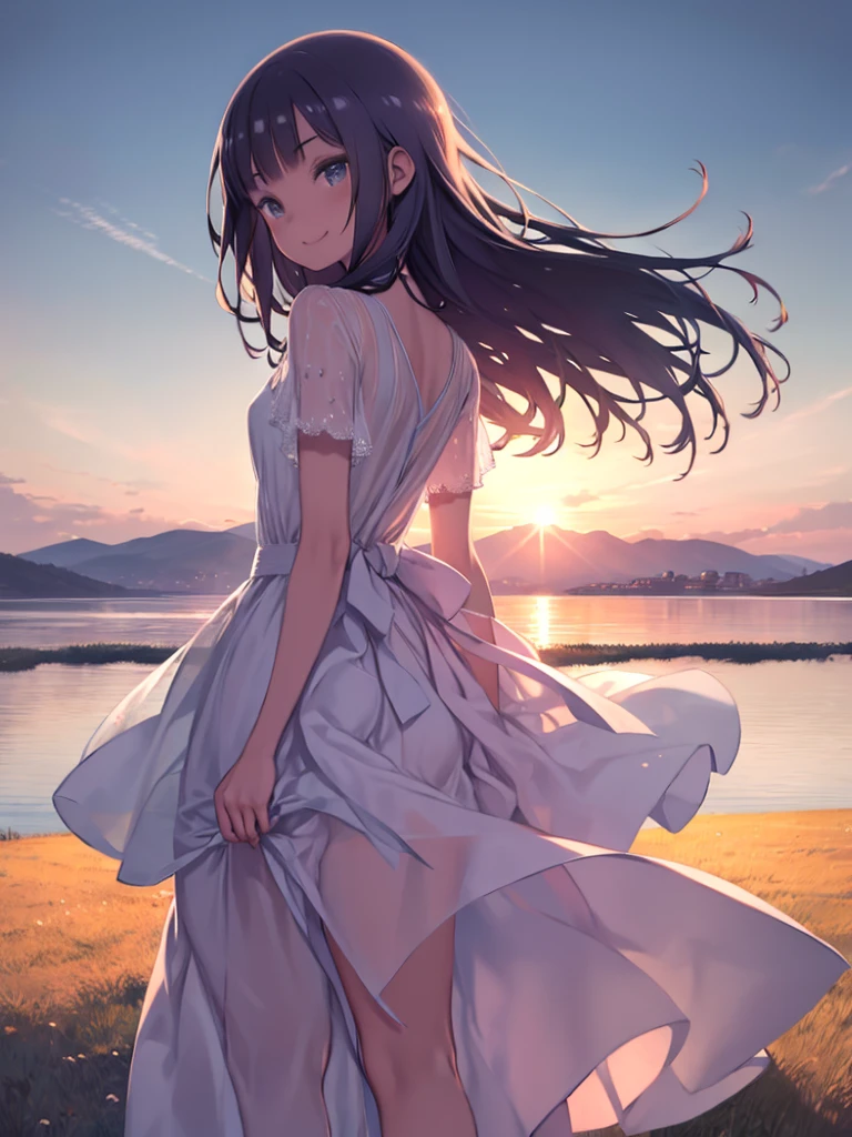 masterpiece、highest quality、High resolution、Very detailed、Beautiful eyeedium wide shot、Girl、evening、Sunset、top of the hill、grassland、With arms outstretched、Hair blowing in the wind、Dresses fluttering in the wind、smile、Looking Back、The clothes are see-through、
