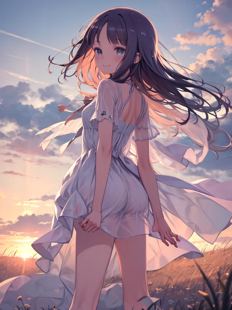 masterpiece、highest quality、High resolution、Very detailed、Beautiful eyeedium wide shot、Girl、evening、Sunset、top of the hill、grassland、With arms outstretched、Hair blowing in the wind、Dresses fluttering in the wind、smile、Looking Back、The clothes are see-through、
