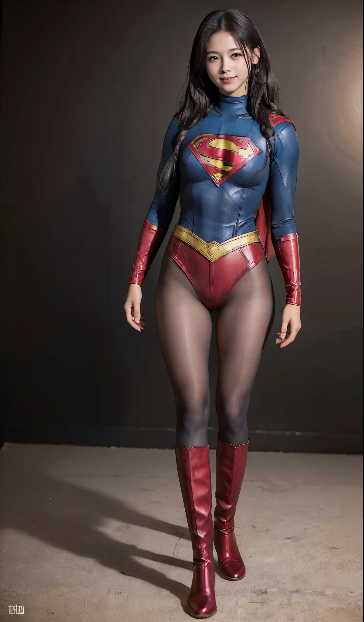 No background、(((Beautiful legs in black tights.)))、(((Legally express the beauty of your smile)))、((((Make the most of your original images)))、(((Supergirl Costume)))、(((ボディにフィットしたSupergirl Costume)))、(((Beautiful hair in braids)))、(((Smiles and winks)))、(((Please wear black tights....、Wear red boots)))、((Best image quality、8k))、((highest quality、8k、masterpiece:1.3))、(((Preserve background )))、Sharp focus:1.2、Beautiful woman with perfect figure:1.4、Slim Abs:1.2、Wet body:1.5、Highly detailed face and skin texture、8k