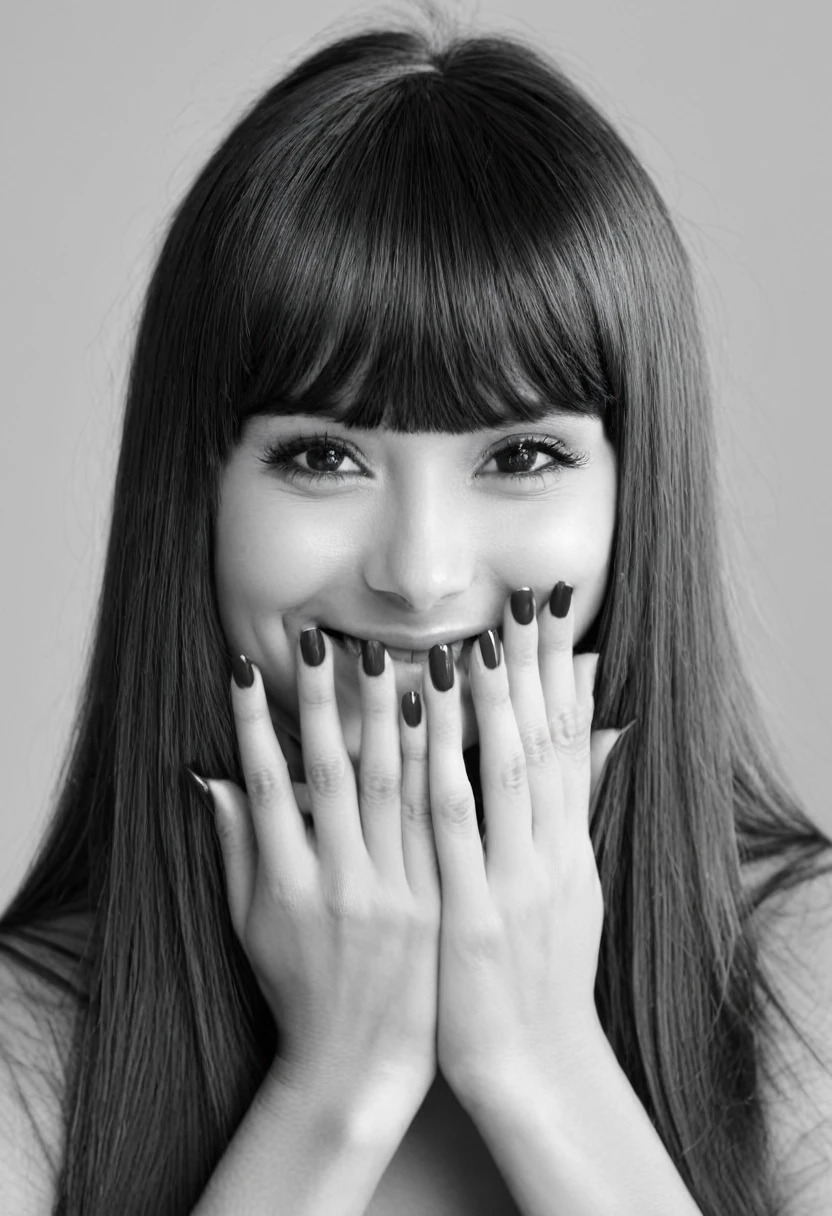 1girl, greyscale, solo, monochrome, mole_under_eye, looking_at_viewer, mole, long_hair, hands_on_own_face, portrait, bangs, nail_polish, parted_lips, fingernails, smile, eyelashes, lips