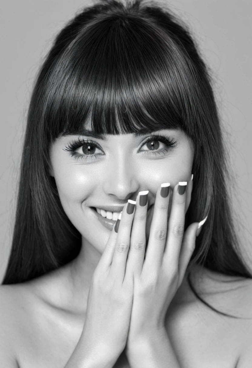 1girl, greyscale, solo, monochrome, mole_under_eye, looking_at_viewer, mole, long_hair, hands_on_own_face, portrait, bangs, nail_polish, parted_lips, fingernails, smile, eyelashes, lips