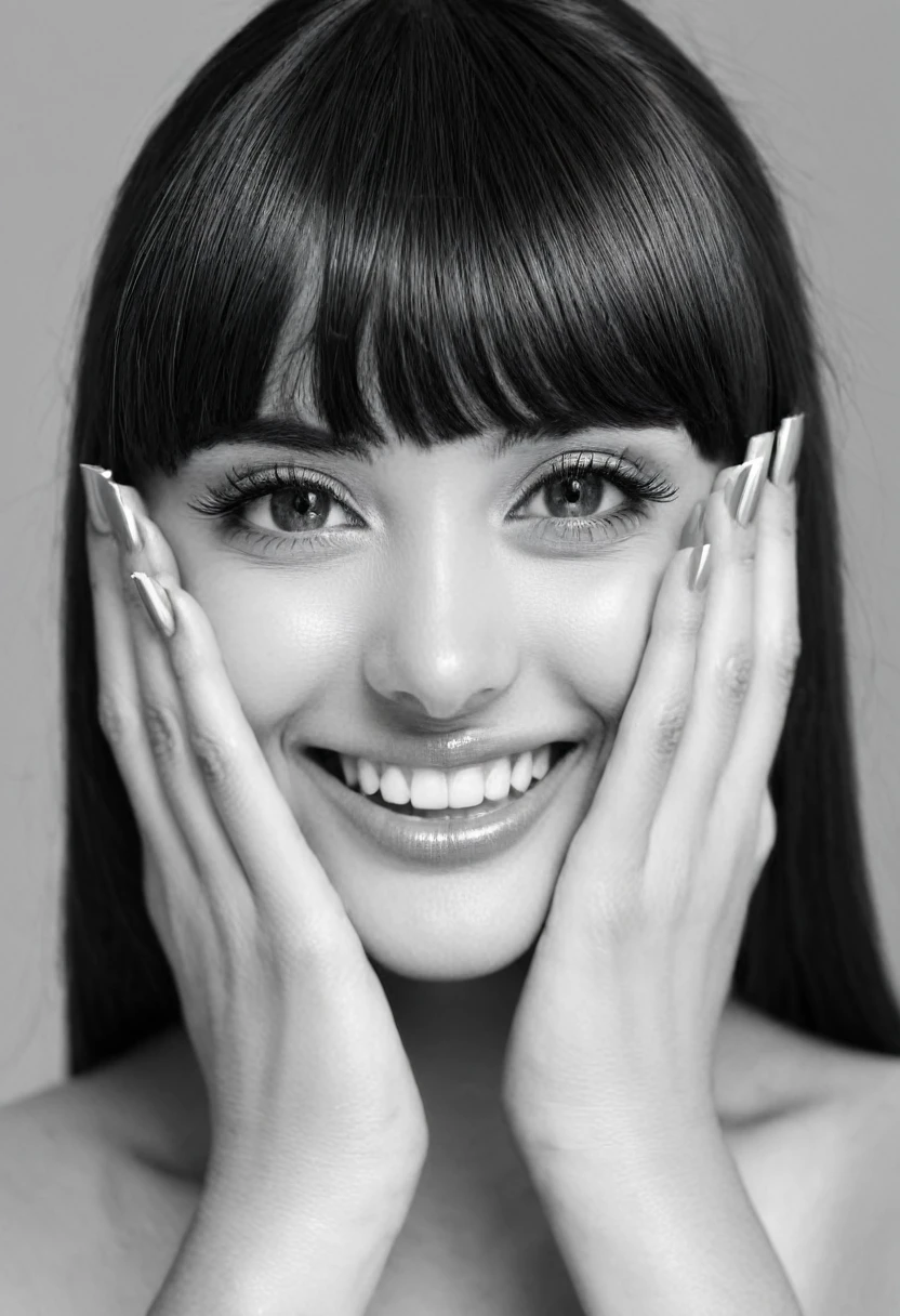 1girl, greyscale, solo, monochrome, mole_under_eye, looking_at_viewer, mole, long_hair, hands_on_own_face, portrait, bangs, nail_polish, parted_lips, fingernails, smile, eyelashes, lips