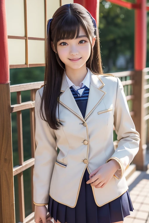 wave her hand、skinny legs、poneyTail、Extraordinary Beauty、Cute face、The best smile、Cute smile、frontage、slender、straight haired、schools、ulzzang-6500-v1.1, (Raw foto:1.2), (Photorealsitic:1.4), a beautiful detailed girl, extremely detailed eye and face, beatiful detailed eyes, huge filesize, hight resolution, ighly detailed, top-quality, masterpiece, ((Japanese girls' high school uniform:1.5)), ighly detailed, CG, 8k wallpaper, magnifica, finely detail, top-quality, Highly detailed CG uniforms、 Light on the face、light、a 18 year old girl、