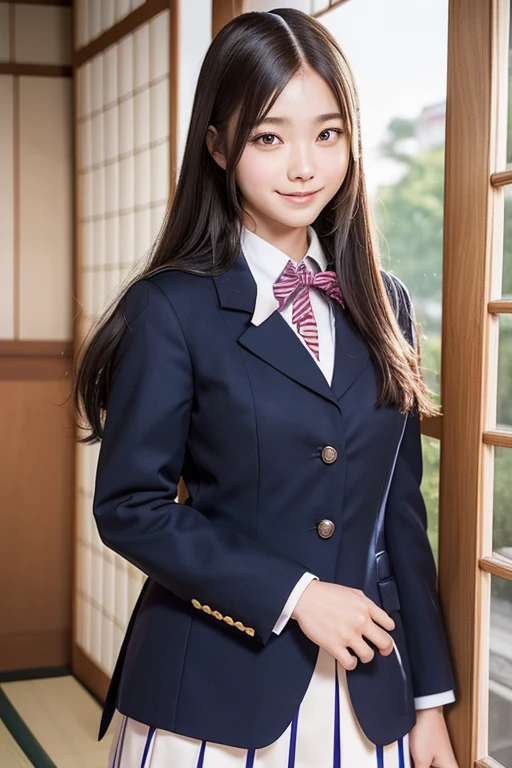 wave her hand、skinny legs、poneyTail、Extraordinary Beauty、Cute face、The best smile、Cute smile、frontage、slender、straight haired、schools、ulzzang-6500-v1.1, (Raw foto:1.2), (Photorealsitic:1.4),　a beautiful detailed girl, extremely detailed eye and face, beatiful detailed eyes,  huge filesize,  hight resolution, ighly detailed, top-quality, ​masterpiece,  ((Japanese girls' high school uniform:1.5)),  ighly detailed, CG,  8k wallpaper, magnifica, finely detail,  top-quality, Highly detailed CG uniforms、 Light on the face、light、a 18 year old girl、