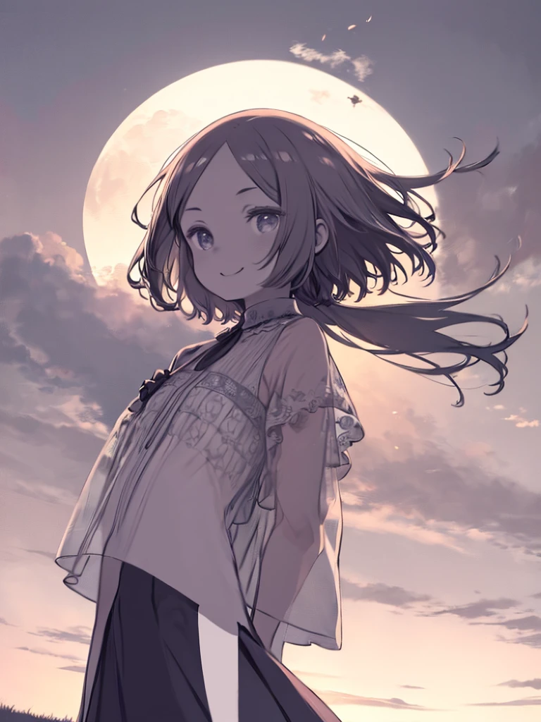 masterpiece、highest quality、High resolution、Very detailed、Beautiful eyeedium wide shot、Girl、evening、Sunset、top of the hill、grassland、With arms outstretched、Hair blowing in the wind、Dresses fluttering in the wind、smile、The clothes are see-through、((((Flat Color))))