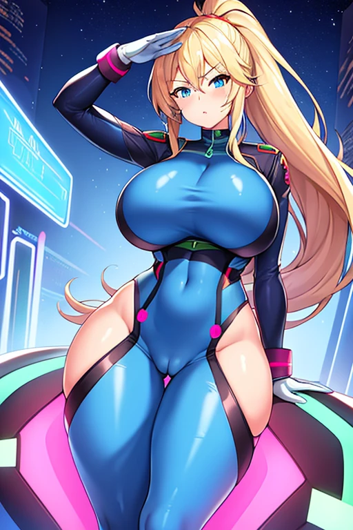 1girl, large breasts, wide hips, thick thighs, toned, mature female, milf, toned female, blue eyes, blue bodysuit, bodysuit, futurustic, science-fiction, neon trim, neon, neon lights, blonde hair, ponytail, salute, standing, serious, cameltoe, pilot suit