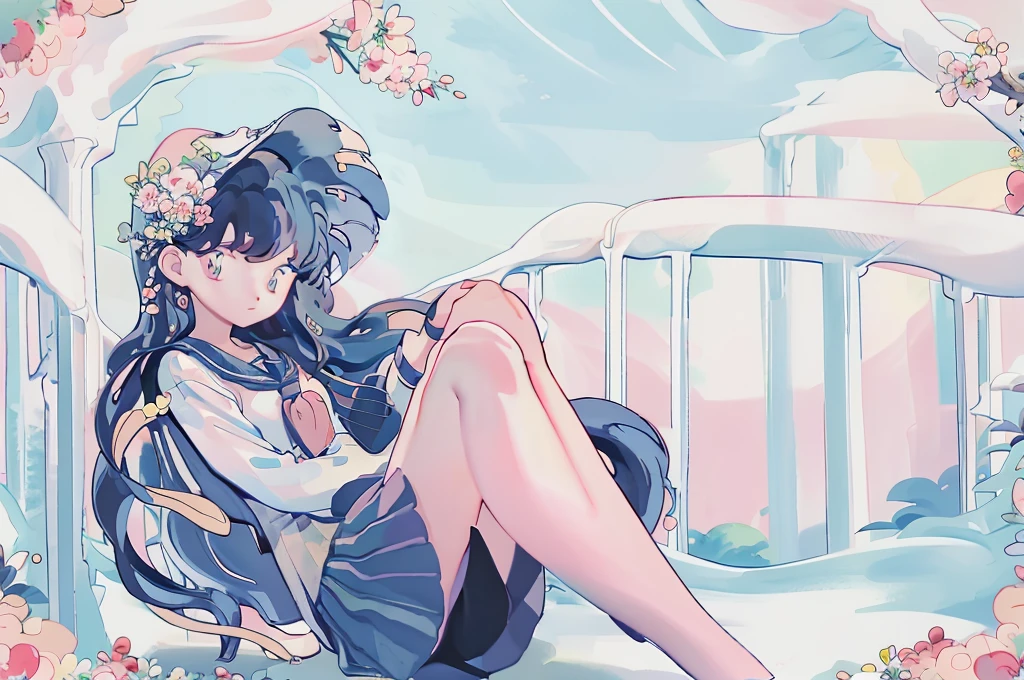 1girl, bird, long hair, outdoors, solo, blue eyes, pink flower, flower, black footwear, day, petals, bag, stairs, long sleeves, white socks, shoes, sky, bangs, cherry blossoms, sailor collar, hair flower, blue sky, standing, bow, tree, 1girl, cute, stars, clouds, (golden fishes, Pisces), masterpiece, best quality, masterpiece, best quality, cute, under tall trees, trees, streams of light, kagome, green skirt, school girl sailor uniform, black hair, watercolor paiting、Pale shades、Beautiful colors、parfect anatomy、cowboy shot、Cute, obra de arte, melhor qualidade, high resolution, Serena, cabelo curto, olhos azuis, 1 garota, Sozinho, fita azul, eyelash, coxas pretas, neck ribbon, sem mangas, franja, clavicle, bare arms, vestido rosa, casaco vermelho, ao ar livre, de cima, campo, grama,