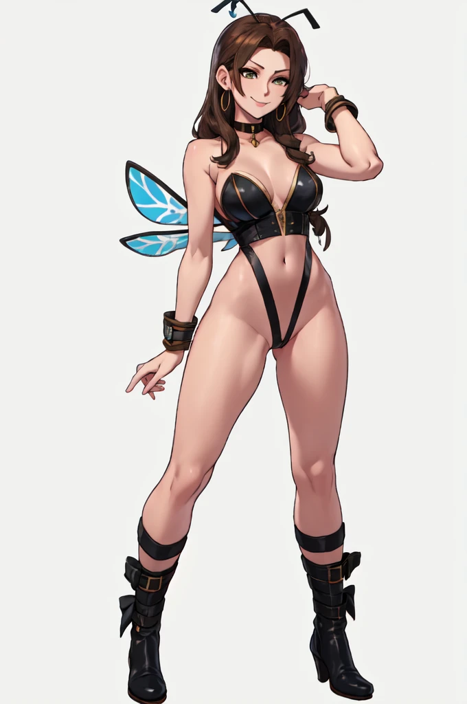 sfw, cartoon, aerith gainsborough reimagined as a horny girl in honeybee costume frome final fantasy 7, full body, (masterpiece, best quality), beautiful face, (22yr old, beautiful girl, solo:1.1),brown_hair ,long_hair, pixiv, evil smile, sadistic, erotic lips, seductive eyes, drooping eyes, provocative expression, smirks, squint, enraptured, fascinated, scornful laughter, aroused, lovely, naughty face, half closed eyes, fearless smile, crazy smile,toned female, glamorous perfect female proportion, wide hips, extremely shiny, reflecting light, awesome metallic surface texture, cute, akiba, anime face, moe, yellow and black striped hair, wasp ornament, Yellow and black striped boots, wasp transparent wings, bee Transparent wings, wasp antennae, wasp printed, Honeycomb printed, poison needle, yellow and black striped fur, spike choker, earrings, best quality, amazing quality, very aesthetic,