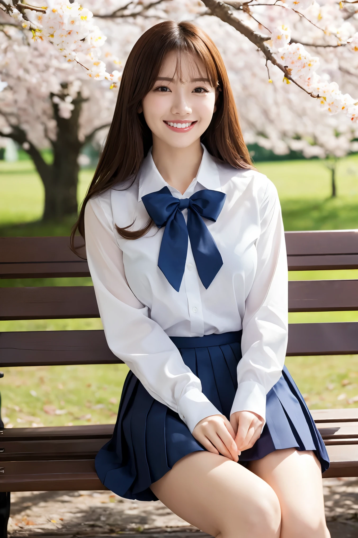 (highest quality、Tabletop、8k、Best image quality、Award-winning works)、One high school girl、、(alone:1.1)、Perfect beautiful composition、(Large Breasts:1.2)、(Accentuate your body lines:1.1)、Voluptuous body、(A perfect and accurate white polyester shirt:1.1)、(Navy Pleated Skirt:1.1)、(Uniform ribbon on chest:1.1)、(sitting on a park bench:1.1)、(Thick legs:1.2)、(One of the most natural and perfect benches:1.2)、(The most accurate bench, Perfectly crafted:1.1)、(The biggest smile is looking at me:1.1)、(Smiling with perfect beautiful teeth:1.1)、(Beautiful park background with strong blur:1.1)、The most natural and perfect beauty park、A perfectly maintained park、Standing Elegantly、Natural Makeup、(美しいThick legs:1.2)、Ultra-high definition beauty face、Ultra HD Hair、Ultra HD Shining Eyes、(Ultra-high resolution glossy skin:1.1)、Super high quality glossy lip、(Accurate anatomy:1.1)、(very bright and vivid:1.1)、Cherry tree in the distance